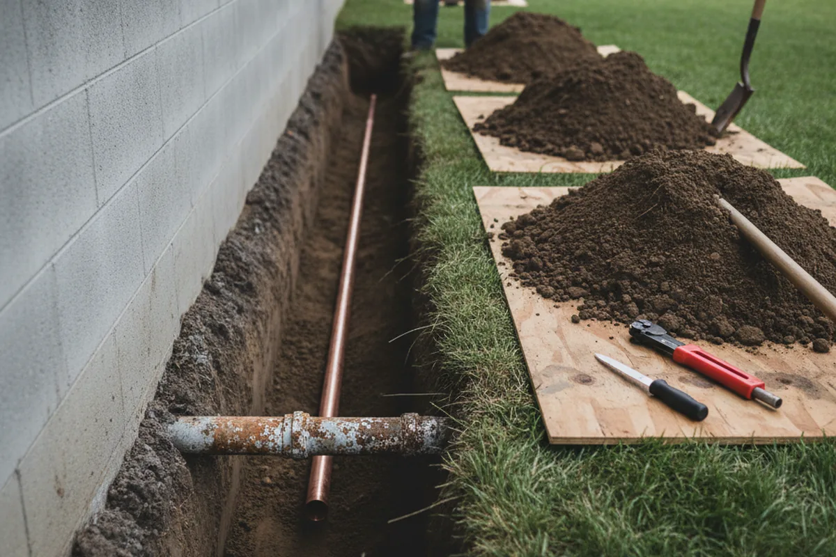Excavated water line trench during Sewer Line Repair in Atwater